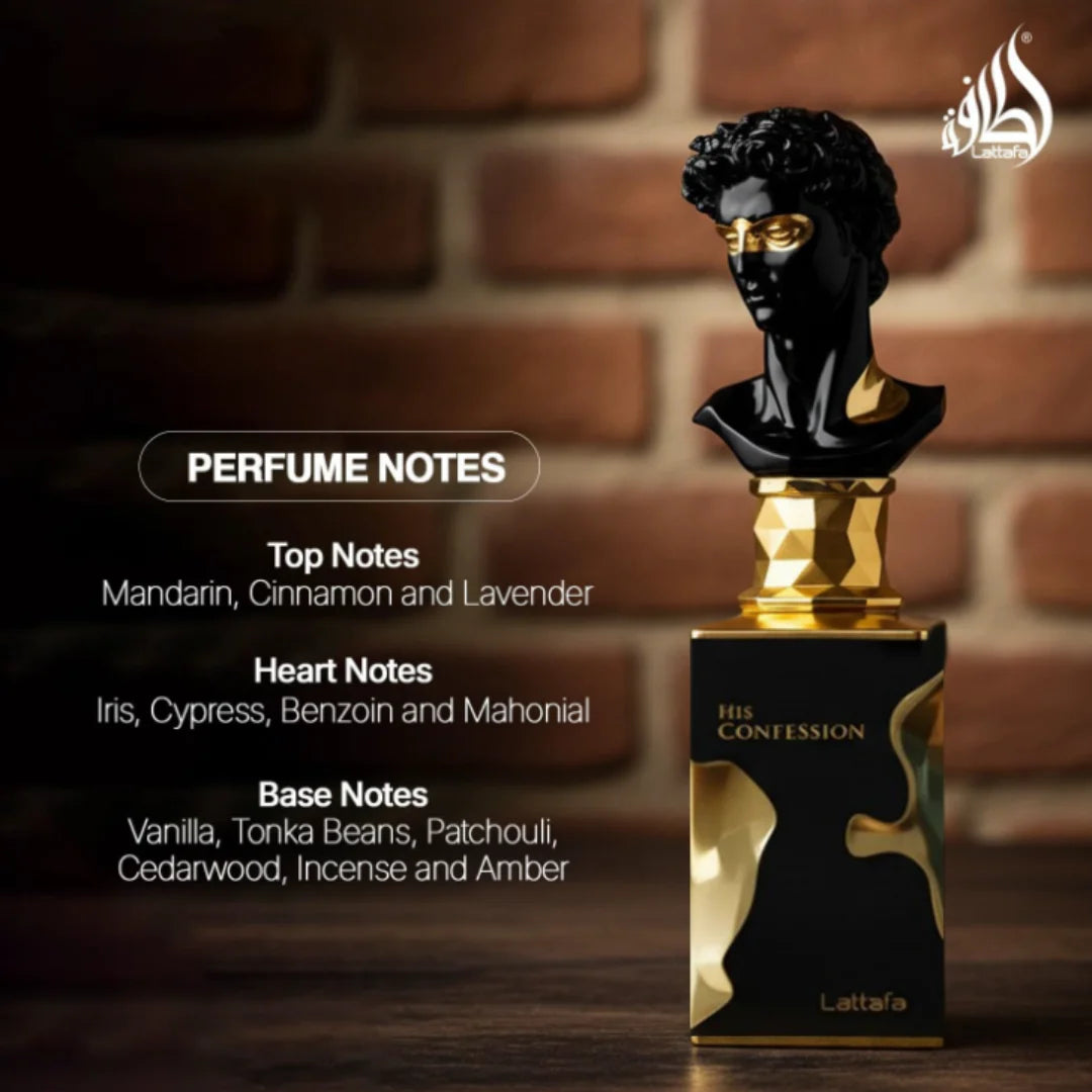 Lattafa His Confession 100ml/3.4oz Eau de Parfum Arabe, Cologne aux Phéromones, Parfum Longue Durée pour Homme, Cadeau de Noël