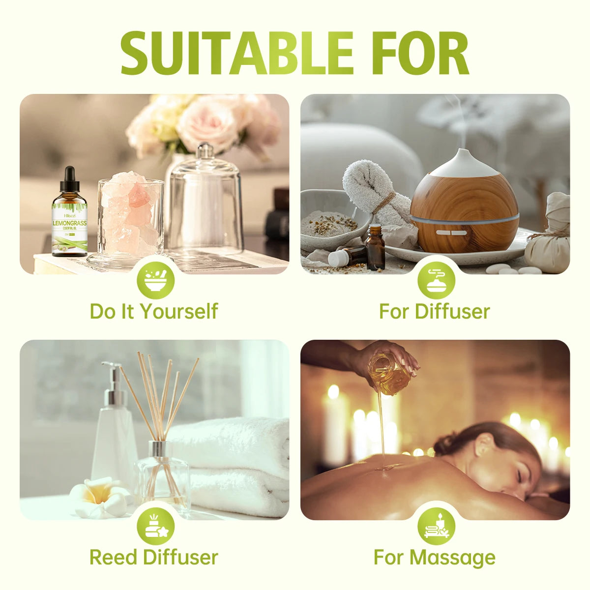 L'huile essentielle de citronnelle convient à divers usages, parfum frais, humidificateurs, bougies, brûleurs, aromathérapie